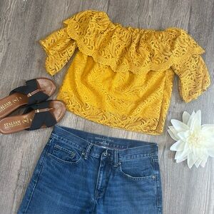 Mustard Yellow Lace Off Shoulder Top | Bell Sleeve Boho Festival Crop Top